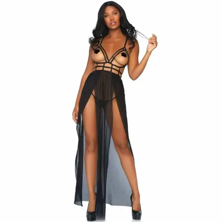 Leg Avenue Cage Strap Black Maxi Dress & Thong Set S/M - Adjustable Design