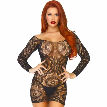 Leg Avenue Crna Čipkasta Mini Haljina sa Dugim Rukavima One Size