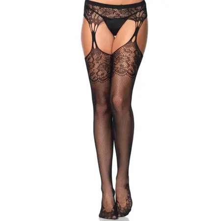 Leg Avenue Tear Drop Garterbelt Stockings Black, Floral Lace, One Size