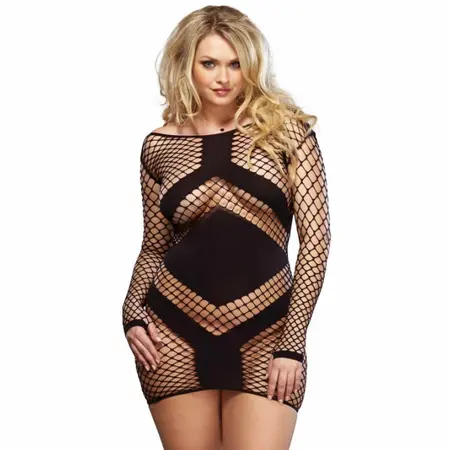 Leg Avenue Mini Dress 1X/2X Black Diamond Net Long Sleeves Plus Size