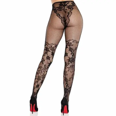 Leg Avenue Dahlia Čipkane Bedne Čarape sa Mrežastim Detaljem Crna Jedinstvena Veličina