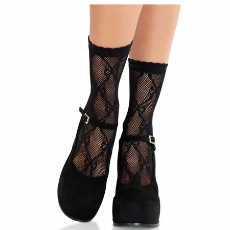 Leg Avenue Mašnica Čipkane Čarape za Članak Crna - Elegantan Mrežasti Dizajn