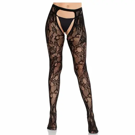 Leg Avenue Ruža Čipkane Čarape Otvorenih Leđa Crna Elegantan Cvetni Dizajn