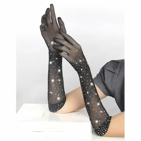 SUBBLIME Shine Crne Prozirne Rukavice S/M - Šljokice i Dijamantski Detalji