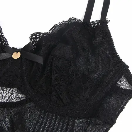 SUBBLIME 955618 Crni Čipkani Bodysuit S/M sa Podesivim Donjim Zatvaranjem