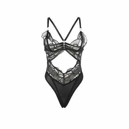 SUBBLIME Prozirni Čipkani Bodysuit Crna L/XL - Elegantan Šupljikav Dizajn