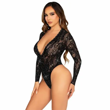 Leg Avenue Lace Long Sleeve Bodysuit with Rhinestone Accents Black One Size