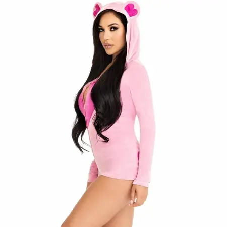 Leg Avenue Velvet Teddy Bear Bodysuit Pink M - Soft Zip-Up Costume
