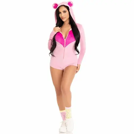 Leg Avenue Velvet Teddy Bear Bodysuit Pink M - Soft Zip-Up Costume