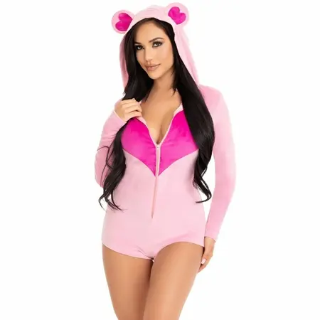 Leg Avenue Teddy Bear Velvet Bodysuit Pink S - Heart Detail & Zipper