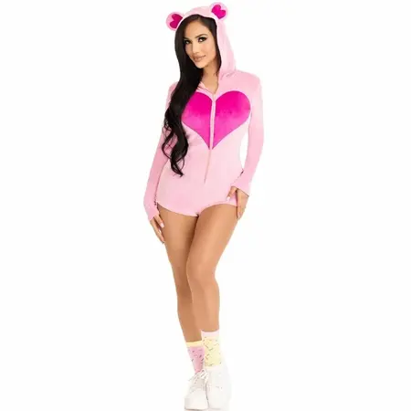 Leg Avenue Teddy Bear Velvet Bodysuit Pink S - Heart Detail & Zipper