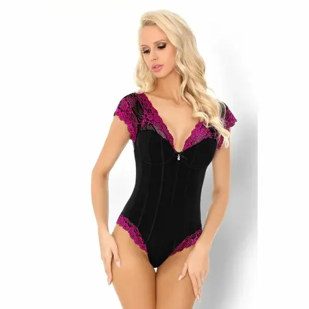 Livco Corsetti Fashion Lorrie Bodysuit Black S/M - Lace Embroidered, Deep Neckline