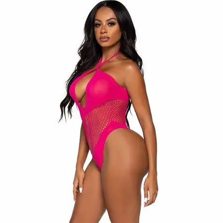 Leg Avenue Bodysuit Fuchsia - Seamless Halter V-Neck Hexi Net, One Size
