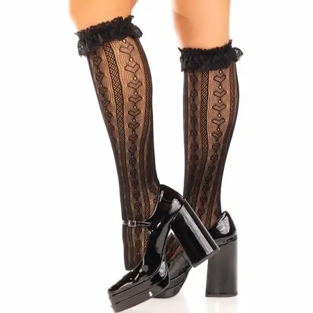 Leg Avenue Knee-High Socks Black with Lace Ruffle Trim - One Size