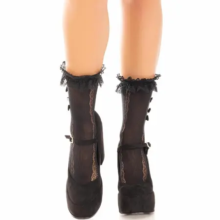 Leg Avenue Black Ankle Socks with Lace Ruffles, Bows & Hearts, One Size