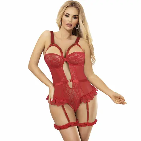 Subblime Teddy L/XL Red - Lace Garter Bodysuit with Strap Accents