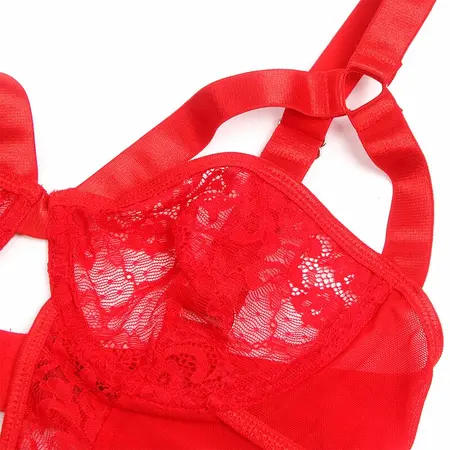 Subblime Red Teddy S/M - Lace Detail Bodysuit with Adjustable Garters