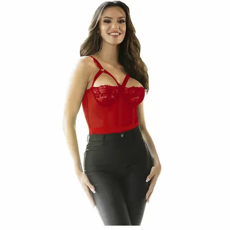 Subblime Teddy L/XL Crveni - Čipkasti Bodysuit sa Integrisanim Detaljem Podvezica