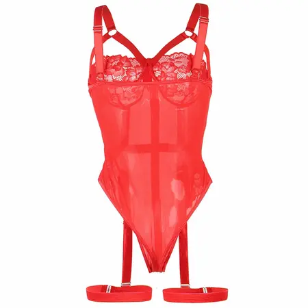 Subblime Teddy L/XL Crveni - Čipkasti Bodysuit sa Integrisanim Detaljem Podvezica
