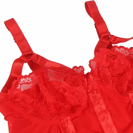 Subblime Teddy L/XL Crveni - Čipkasti Bodysuit sa Integrisanim Detaljem Podvezica