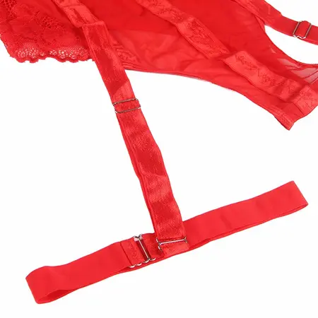 Subblime Teddy L/XL Crveni - Čipkasti Bodysuit sa Integrisanim Detaljem Podvezica