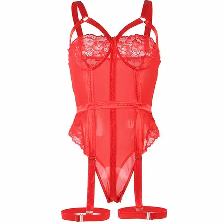 Subblime Teddy Crveni S/M - Čipkasti Bodysuit sa Detaljima Podvezica i Traka za Noge