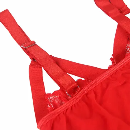 Subblime Teddy Crveni S/M - Čipkasti Bodysuit sa Detaljima Podvezica i Traka za Noge