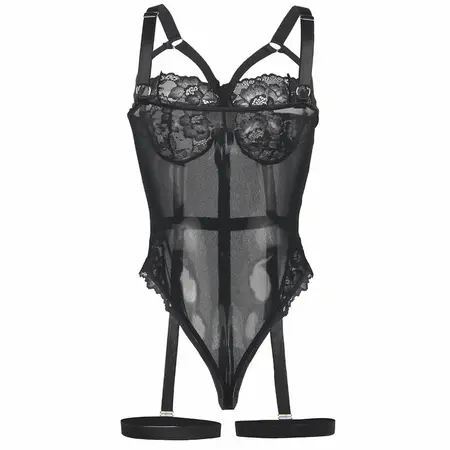 Subblime Teddy L/XL Crni - Čipkasti Bodysuit sa Detaljem Podvezica