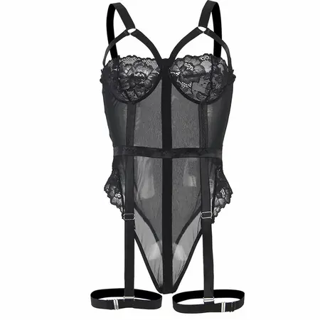Subblime Teddy L/XL Crni - Čipkasti Bodysuit sa Detaljem Podvezica
