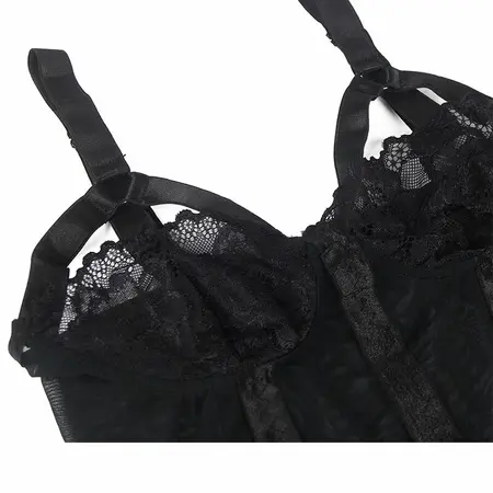 Subblime Teddy S/M Crni - Elegantan Čipkasti Bodysuit sa Podvezicama