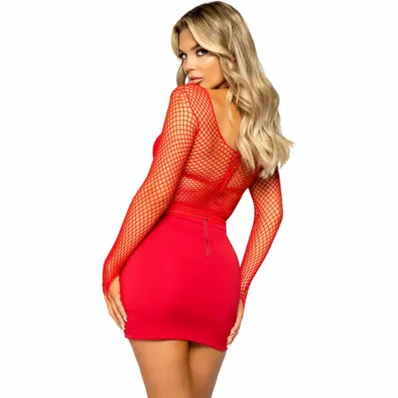Leg Avenue Fishnet Mesh Long Sleeve Top Red - Stretch Comfort, One Size
