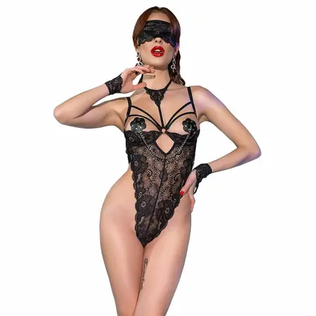 Chilirose CR 4488 Lace Bodysuit with Mask & Gloves Black L/XL
