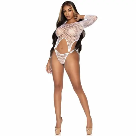 Leg Avenue Bodysuit Long Sleeve O-Ring Detail White One Size