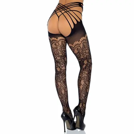 Leg Avenue Vine Lace Wrap-Around Tights One Size Black Open Back