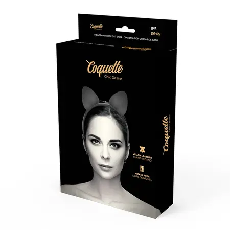 Coquette Chic Desire Veganska Kozna Traka za Glavu sa Mackijim Usima - Crna, Podesiva
