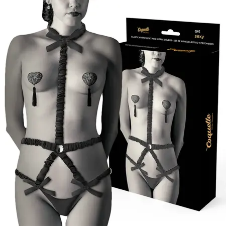 Coquette Chic Desire Elasticni Harness Set sa Navlakama za Bradavice Crni