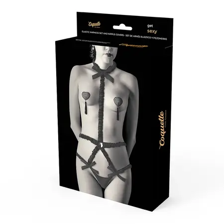 Coquette Chic Desire Elasticni Harness Set sa Navlakama za Bradavice Crni