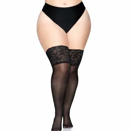 Leg Avenue Plus Size Sheer Thigh Highs with Silicone Lace Top, Black