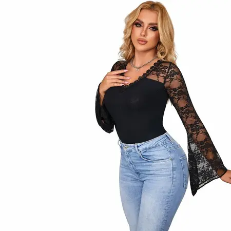 Subblime Teddy L/XL - crni body sa cvetnom čipkom i dugim rukavima