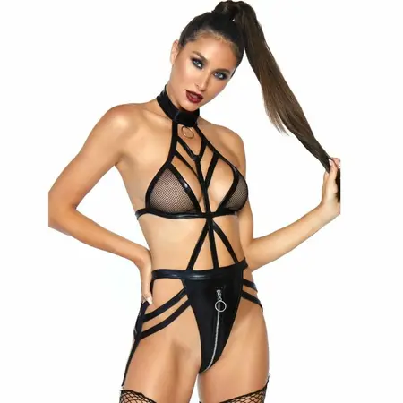 Leg Avenue Cage Strap Wetlook Garter Teddy with O-Ring, Black M/L