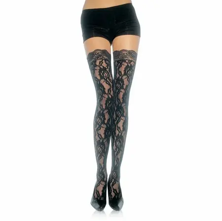 Leg Avenue čipkane čarape sa cvetnim uzorkom crne jedna veličina elegantan dizajn