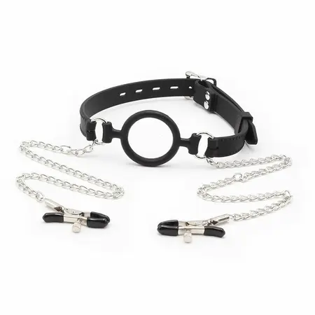 OHMAMA Ring Gag with Chains & Adjustable Nipple Clamps - Stainless Steel