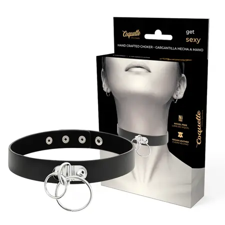 Coquette Chic Desire Vegan Kožna Čoker Ogrlica sa Dva Prstena Crna 400mm