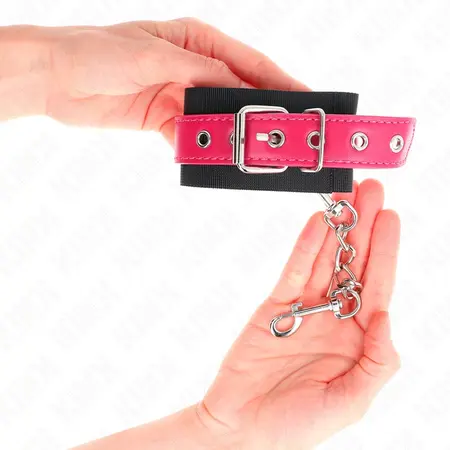 KINK Najlonske lisice za ruke, crne sa veštačkom kožom boje maline, podesive, 19-29 cm