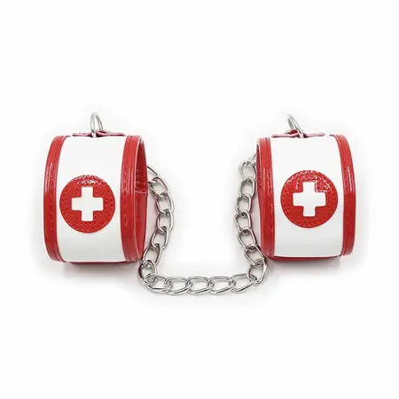 OHMAMA Fetish Mini Set 3-dela Medicinska sestra - Lisice i maska set, PVC, Bela/Crvena