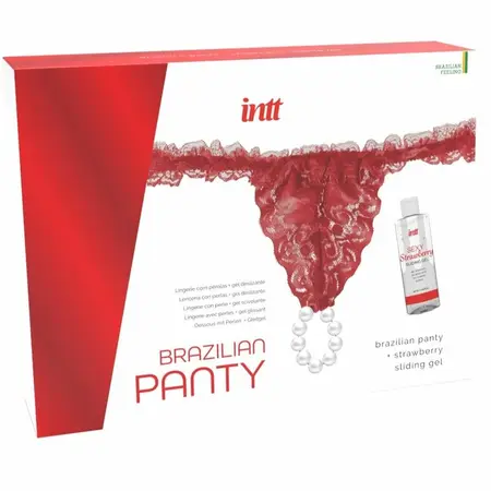 INTT Brazilske Crvene Čipkane Gaćice sa Biserima i Lubrikantom Jagoda 50ml