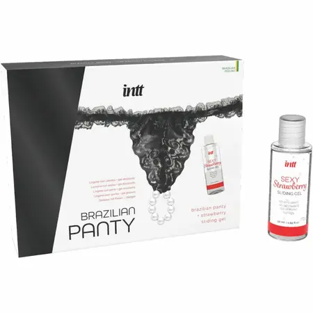 INTT Brazilske Crne Čipkane Gaćice sa Dekorativnim Biserima i Gelom Jagoda 50ml