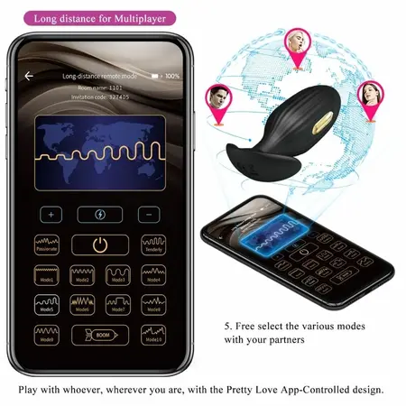Pretty Love Jefferson Aplikacijom kontrolisan crni analni čep, 12 modova, USB punjiv