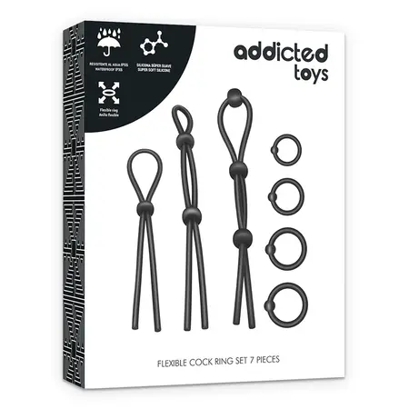 Addicted Toys Fleksibilni Silikonski Prsten Set 7 kom - Univerzalno Prijanjanje, Crni