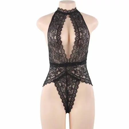 Subblime Lace Teddy L/XL - Open Cup, Halter Neck, Black